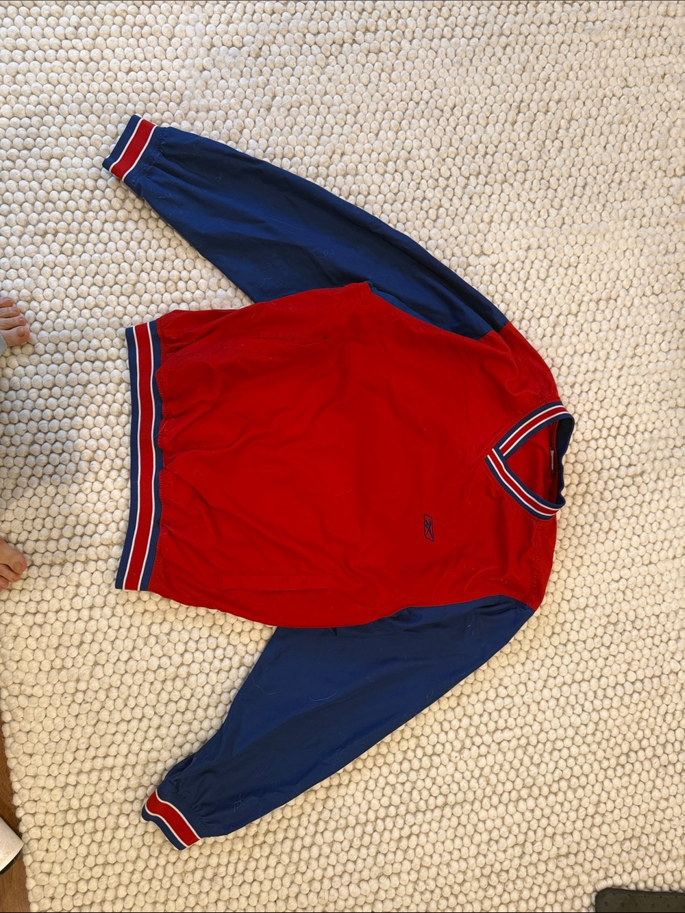 Reebok Red V-Neck Pullover with Blue and White Stripe Trim